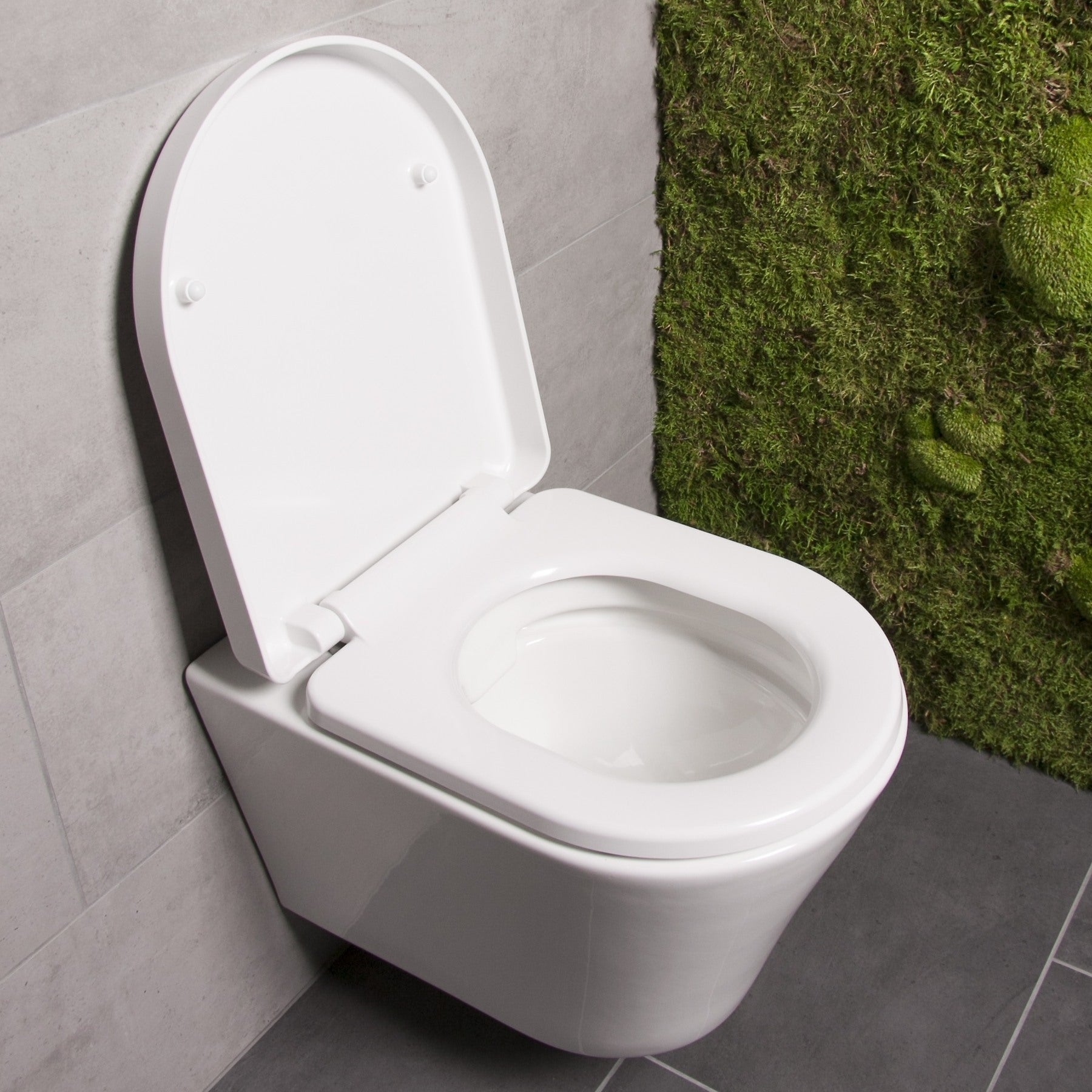 Bullseat WC-Sitz mit geöffnetem Deckel und Sitzring